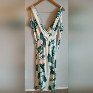 Tropical Leaf Print Double-split Dress
